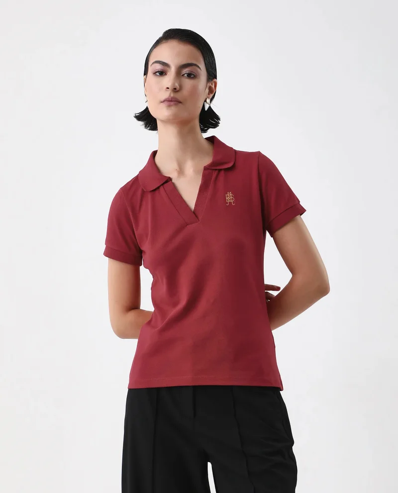 Rareism Rareism Women Van Red Cotton Lycra Fabric Short Sleeve Polo Collar Plain Polo