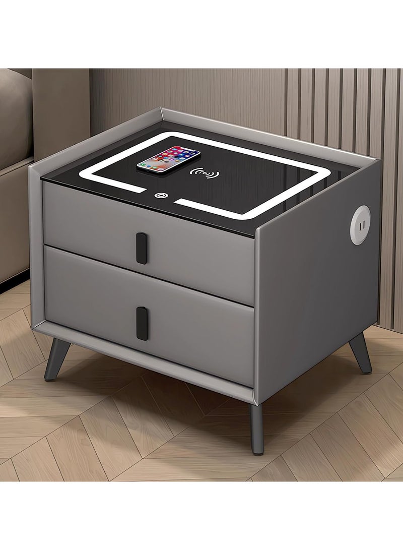 طاولة بجانب السرير مع درجين، طاولات بجانب السرير بشحن لاسلكي، طاولة ذكية حديثة، طاولة جانبية بشريط إضاءة ذكي بثلاثة ألوان لغرفة النوم مع منفذ USB لغرفة المعيشة (رمادي غامق) - Image 1