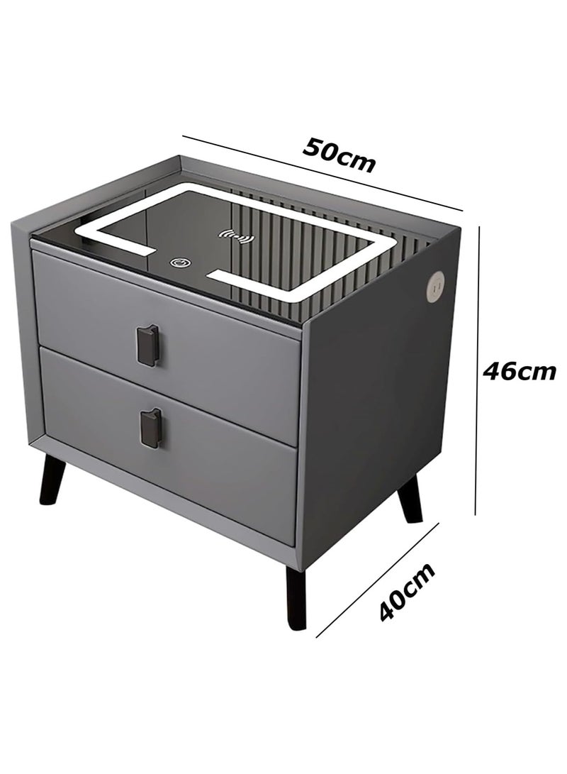 طاولة بجانب السرير مع درجين، طاولات بجانب السرير بشحن لاسلكي، طاولة ذكية حديثة، طاولة جانبية بشريط إضاءة ذكي بثلاثة ألوان لغرفة النوم مع منفذ USB لغرفة المعيشة (رمادي غامق) - Image 2