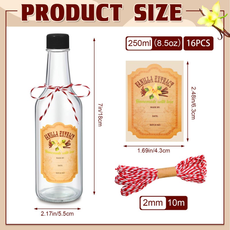 Tioncy 16 Pcs Empty Vanilla Extract Bottles for Homemade Vanilla Jar Glass Bottle with Cap, Shrink Band, Sticker DIY Crafts Wedding Gift Food Storage Canister for Bean(Gold,8.5 oz) - Image 2