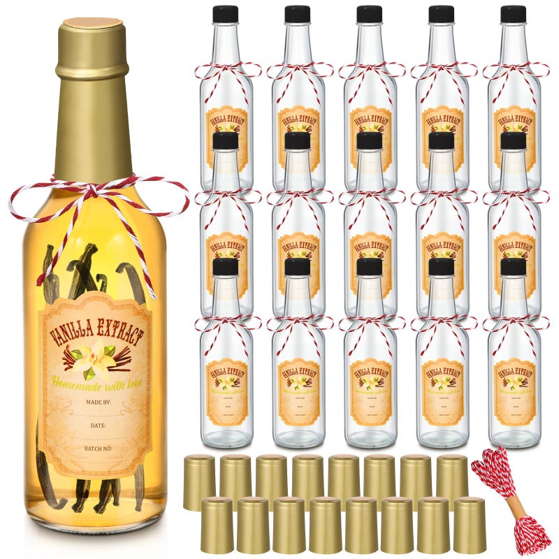 Tioncy 16 Pcs Empty Vanilla Extract Bottles for Homemade Vanilla Jar Glass Bottle with Cap, Shrink Band, Sticker DIY Crafts Wedding Gift Food Storage Canister for Bean(Gold,8.5 oz) - Image 1