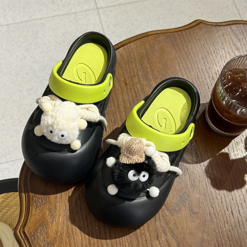 New Anti-Slip High-Heel Clogs Thick Sole Waterproof Sandals01 strap new fur ball black green 01 strap new fur ball black green 