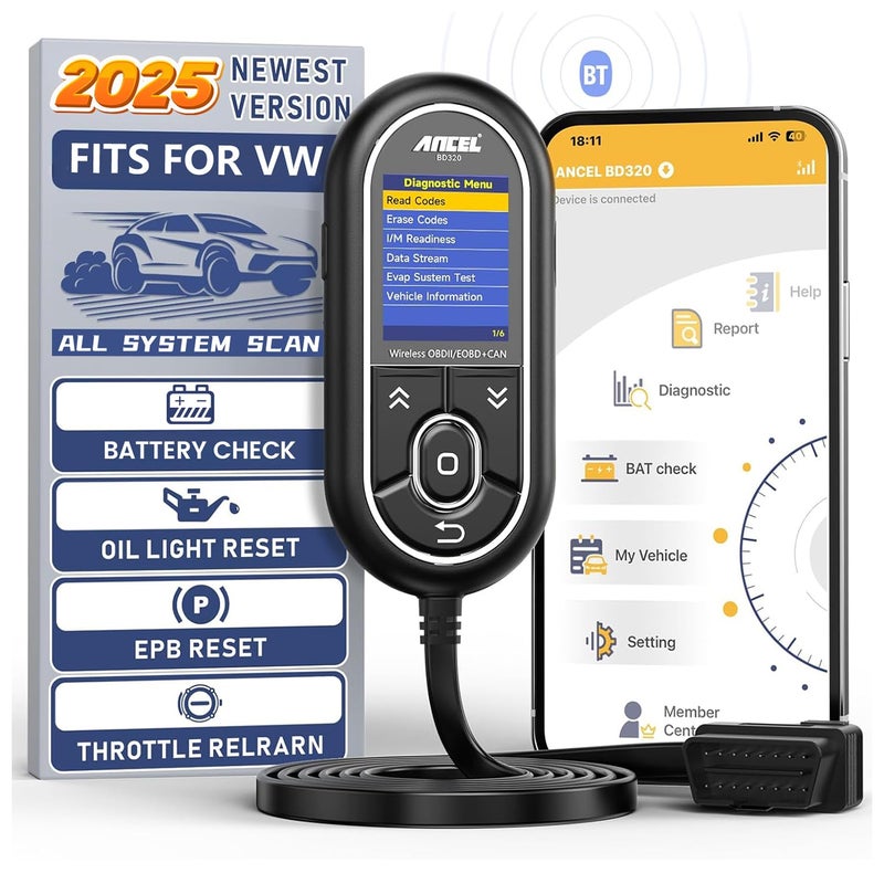 Ancel BD320 OBD2 Scanner for VW Audi Skoda Seat All System Diagnostic Tool with EPB/Throttle/Oil Reset, Check Engine Code Reader for All 1996 & Newer Cars, Bluetooth & Wired 2 in 1 Scan Tool - Image 1