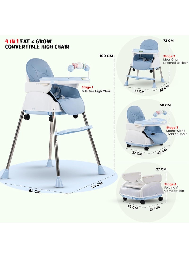 Baybee 4 in 1 Nora Convertible High Chair for KidsAdjustable Height and Footrest, Baby Toddler Feeding Booster Seat with Tray, Wheels, Safety Belt and Cushion For 6 Months to 4 Years (Blue)  - Image 3
