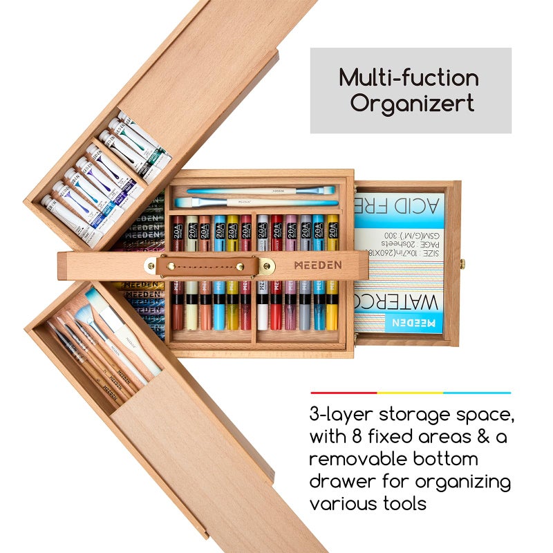 MEEDEN Artist Supply Storage Box - Portable Foldable Multi-Function Beech Wood Artist Tool & Brush Storage Box with Compartments & Drawer for Pastels, Pencils, Pens, Markers, Brushes - Image 3