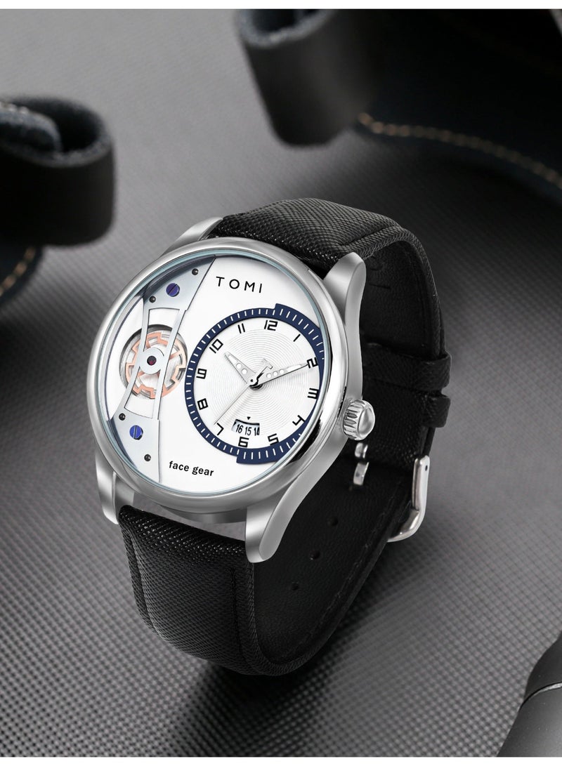 TOMI Men's Quartz Watch with 2 Interchangeable Leather Straps, Fashion Business Waterproof Analog Wrist Watch, Rotating Gear Sweeping Second Casual Dress Watch with Premium Gift Box for Men - Image 3