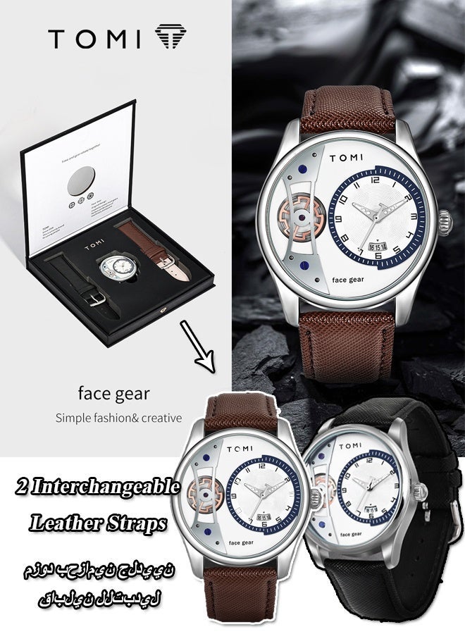 TOMI Men's Quartz Watch with 2 Interchangeable Leather Straps, Fashion Business Waterproof Analog Wrist Watch, Rotating Gear Sweeping Second Casual Dress Watch with Premium Gift Box for Men - Image 1