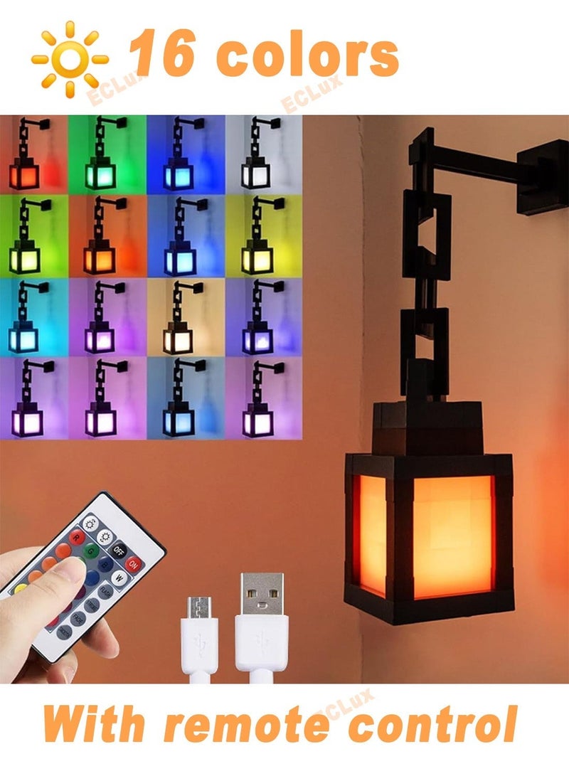 ECLux Pixel-style Lantern Night Light, 2026 Ramadan Gift, LED 16-Color Changing Hanging Lantern Lamp, inspired by Minecraft – Rechargeable Wall-Mounted/Tabletop Night Light, perfect for gamers, boys, girls, men's bedrooms, and game room wall decor. - Image 1