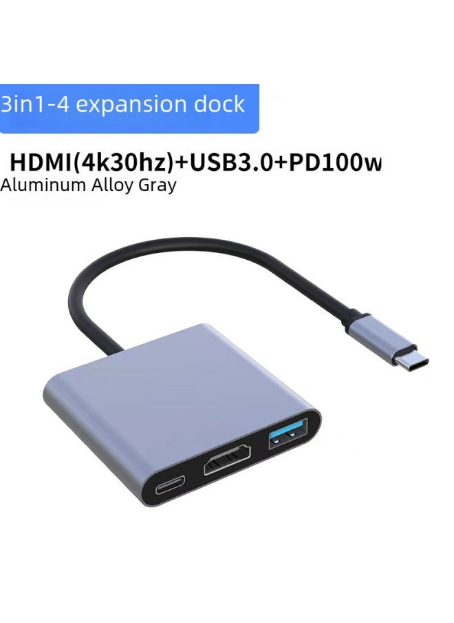 Three-in-one Type-c To Hdmi Expansion Dock Tv Projector Adapter Hub Concentrator Extension Dock Digital Computer Usb Hub-Number Of Interfaces:3in1 Black Box 60W (Silver)  - Image 4