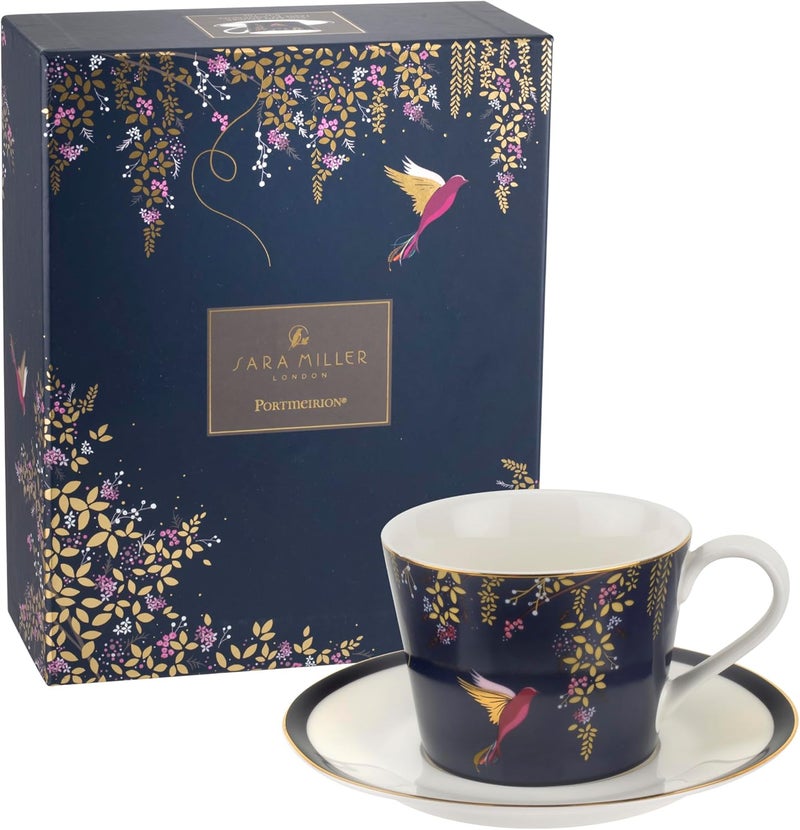 Portmeirion Sara Miller Chelsea 8oz Fine China Teacup  Saucer Set Navy with 22K Gold Rim  Elegant Afternoon Tea Cup with Hummingbird Design for Tea Party or Picnic Essentials  Great Gift for HerMothers - Image 2