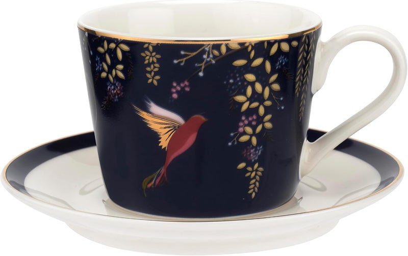 Portmeirion Sara Miller Chelsea 8oz Fine China Teacup  Saucer Set Navy with 22K Gold Rim  Elegant Afternoon Tea Cup with Hummingbird Design for Tea Party or Picnic Essentials  Great Gift for HerMothers - Image 1