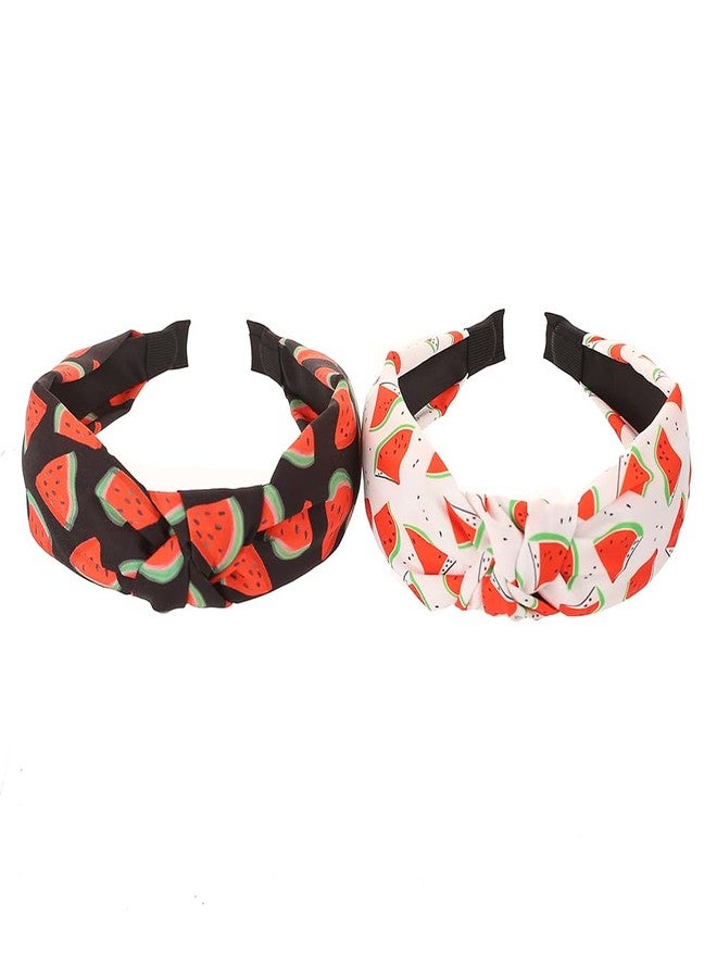 BaBakiak Watermelon Print Knotted Headbands for Women, 2 Pack Wide Non-Slip Hair Bands, Black and White Summer Fashion Accessories - Image 1