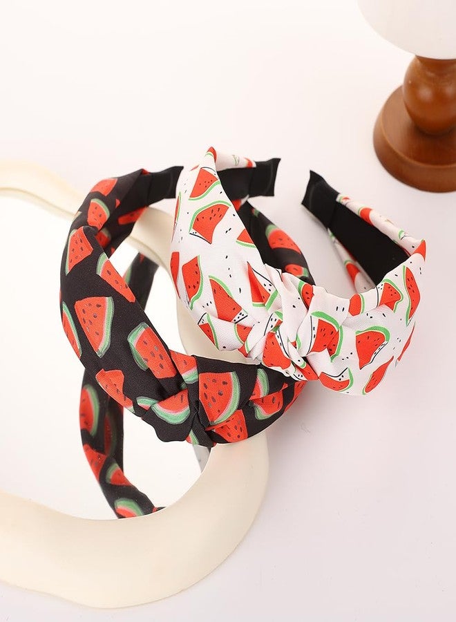 BaBakiak Watermelon Print Knotted Headbands for Women, 2 Pack Wide Non-Slip Hair Bands, Black and White Summer Fashion Accessories - Image 2