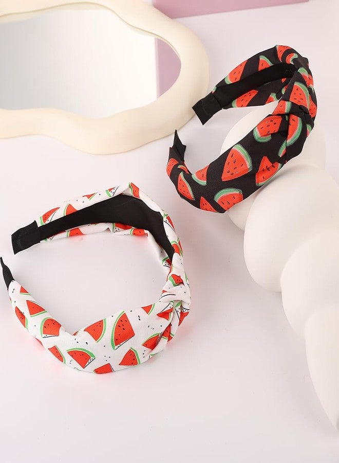 BaBakiak Watermelon Print Knotted Headbands for Women, 2 Pack Wide Non-Slip Hair Bands, Black and White Summer Fashion Accessories - Image 4
