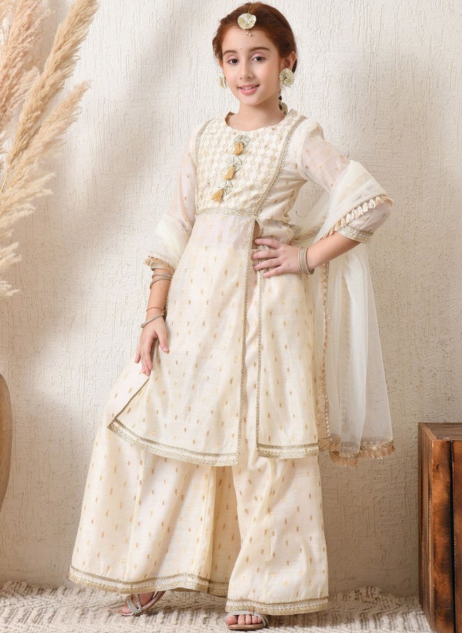 Indi-Loom Couture Girls Panelled Gotta Patti Chanderi Silk Kurta with Palazzos & Dupatta - Image 1