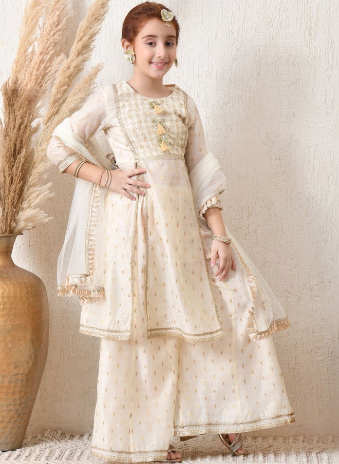 Indi-Loom Couture Girls Panelled Gotta Patti Chanderi Silk Kurta with Palazzos & Dupatta - Image 4