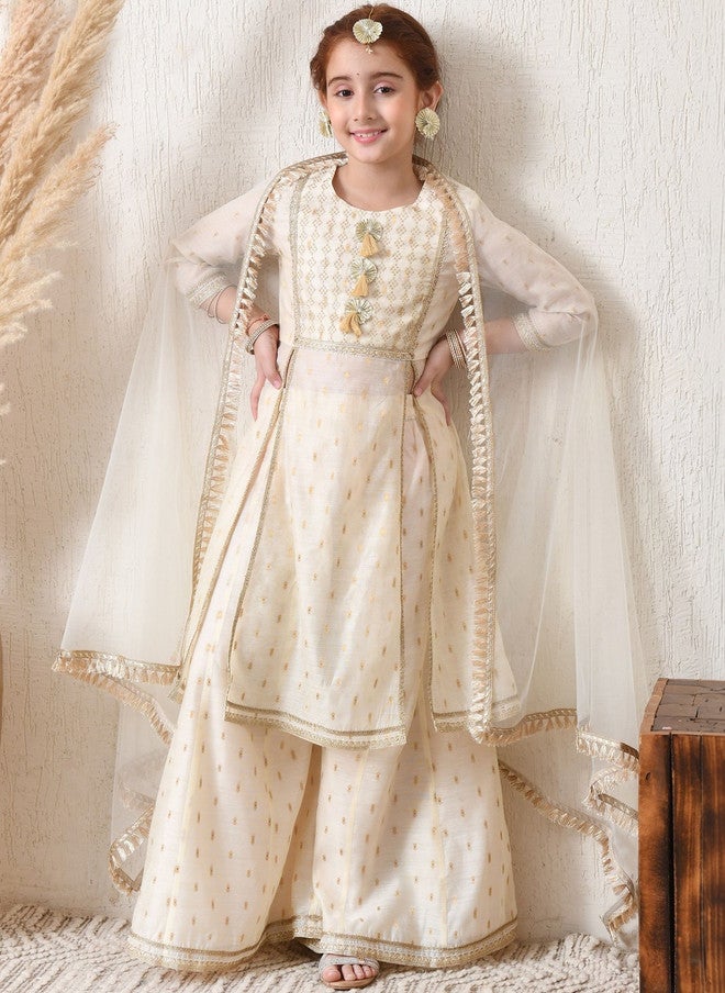 Indi-Loom Couture Girls Panelled Gotta Patti Chanderi Silk Kurta with Palazzos & Dupatta - Image 2
