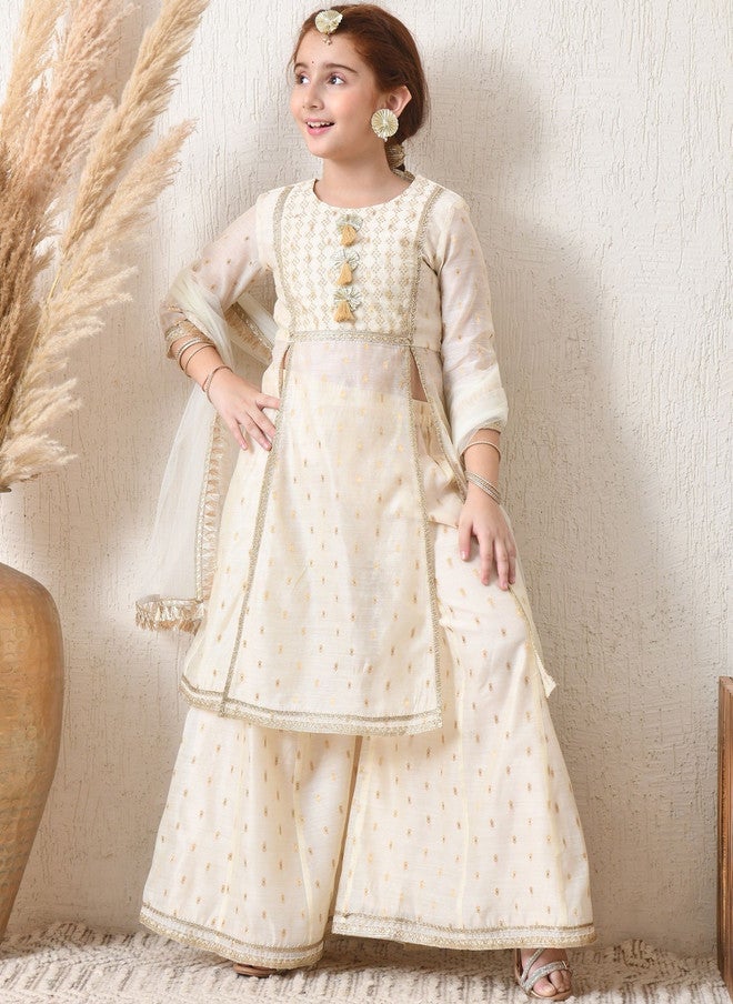 Indi-Loom Couture Girls Panelled Gotta Patti Chanderi Silk Kurta with Palazzos & Dupatta - Image 5