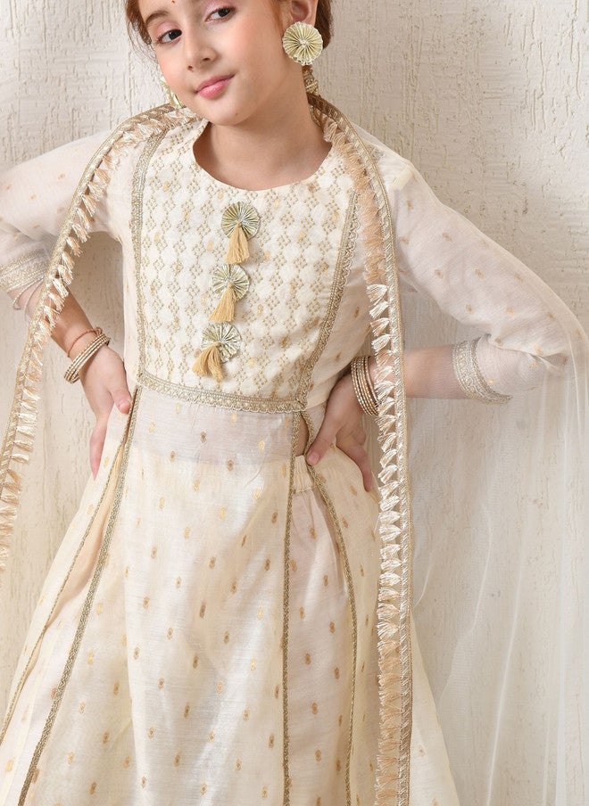 Indi-Loom Couture Girls Panelled Gotta Patti Chanderi Silk Kurta with Palazzos & Dupatta - Image 3