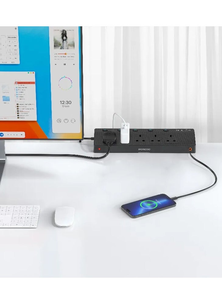 porodo VOLTGUARD Multi-Port Power Socket with 5 AC & 4 Smart USB Ports and 3250W Max Rated Power / Power Extension PD20W / Multi Functional Power Extension / Smart USB Ports / Retractable Type-C Cable - Black - Image 4