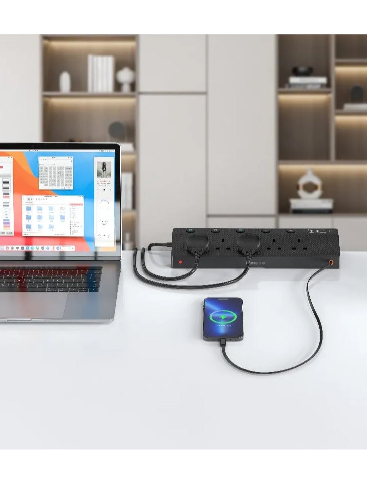 porodo VOLTGUARD Multi-Port Power Socket with 5 AC & 4 Smart USB Ports and 3250W Max Rated Power / Power Extension PD20W / Multi Functional Power Extension / Smart USB Ports / Retractable Type-C Cable - Black - Image 3