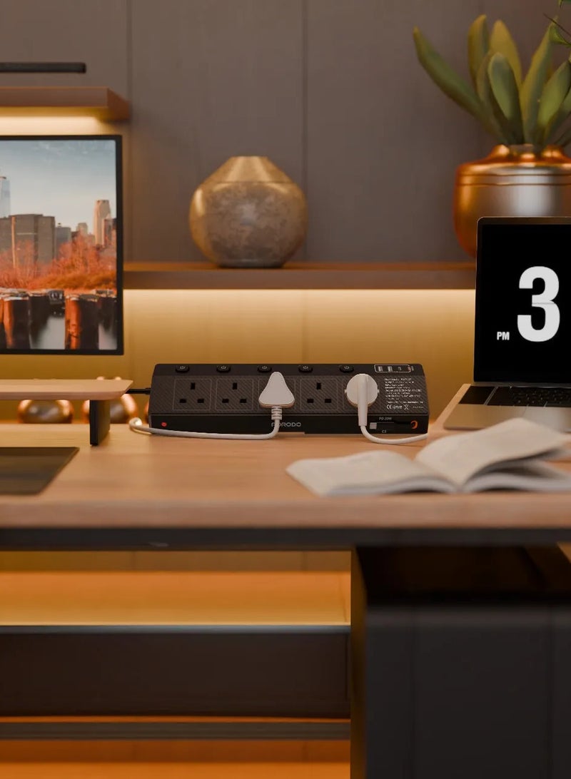 porodo VOLTGUARD Multi-Port Power Socket with 5 AC & 4 Smart USB Ports and 3250W Max Rated Power / Power Extension PD20W / Multi Functional Power Extension / Smart USB Ports / Retractable Type-C Cable - Black - Image 2