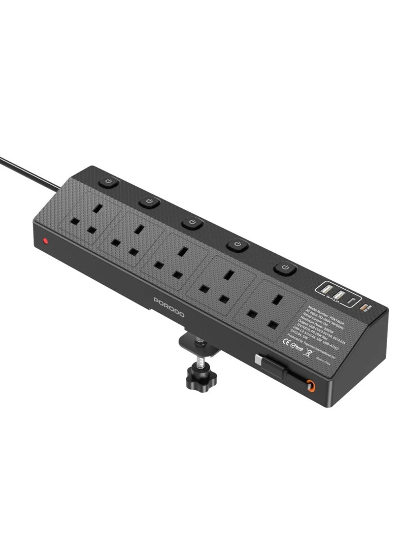 porodo VOLTGUARD Multi-Port Power Socket with 5 AC & 4 Smart USB Ports and 3250W Max Rated Power / Power Extension PD20W / Multi Functional Power Extension / Smart USB Ports / Retractable Type-C Cable - Black - Image 1