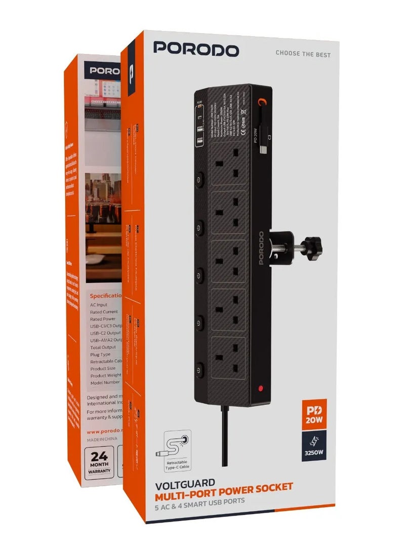 porodo VOLTGUARD Multi-Port Power Socket with 5 AC & 4 Smart USB Ports and 3250W Max Rated Power / Power Extension PD20W / Multi Functional Power Extension / Smart USB Ports / Retractable Type-C Cable - Black - Image 5