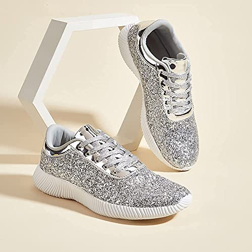 BELOS Women's Glitter Shoes Sparkly Lightweight Metallic Sequins Tennis Shoes(11B(M) US, Silver) - Image 3