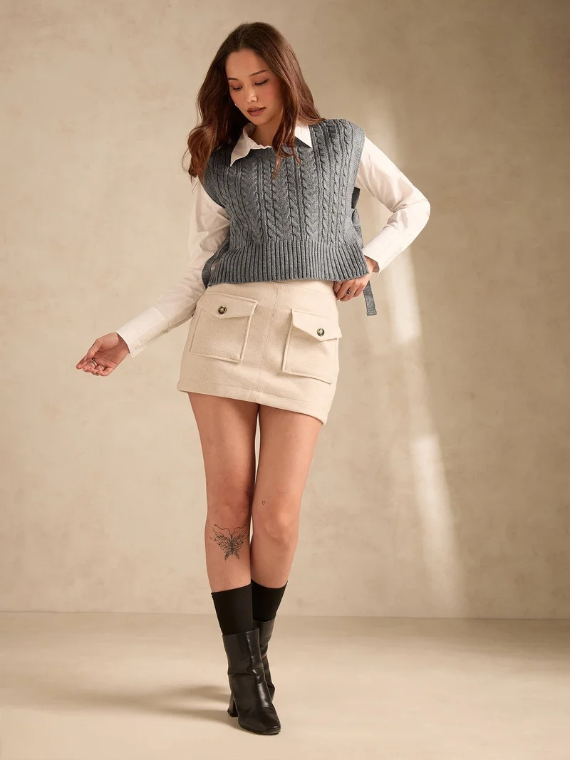 Outzidr Grey Grey Chunky Cable Knit Sweater for Women | Best Price UAE