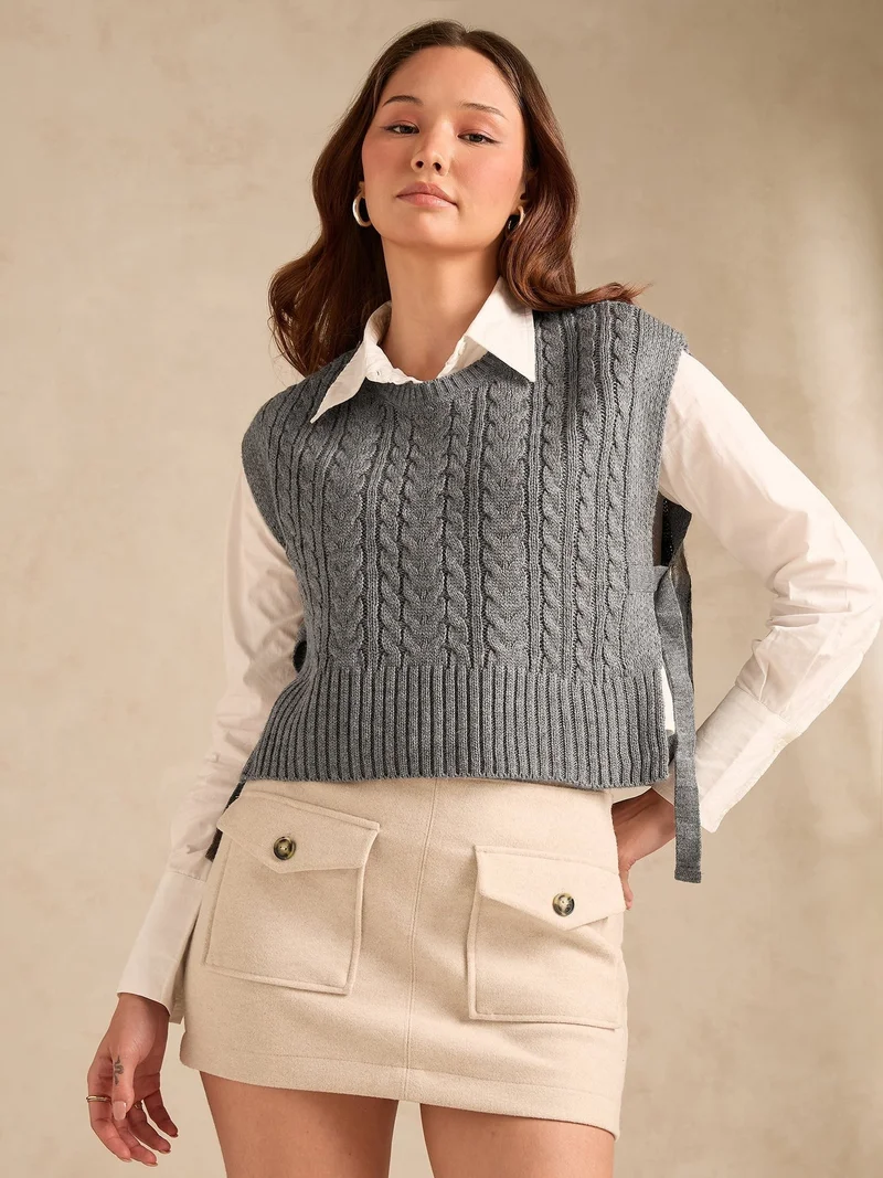 Outzidr Grey Grey Chunky Cable Knit Sweater for Women | Best Price UAE