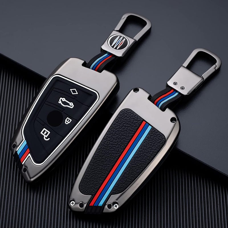 إكسفور غطاء غير لامع لحافظة مفتاح BMW، حامي حامل المفتاح من سبيكة الزنك والسيليكون متوافق مع الفئة 1، 3، 4، 5، 6، 7، X3، X4، M5، M6، GT3، GT5، يشمل سلسلة المفاتيح - Image 1