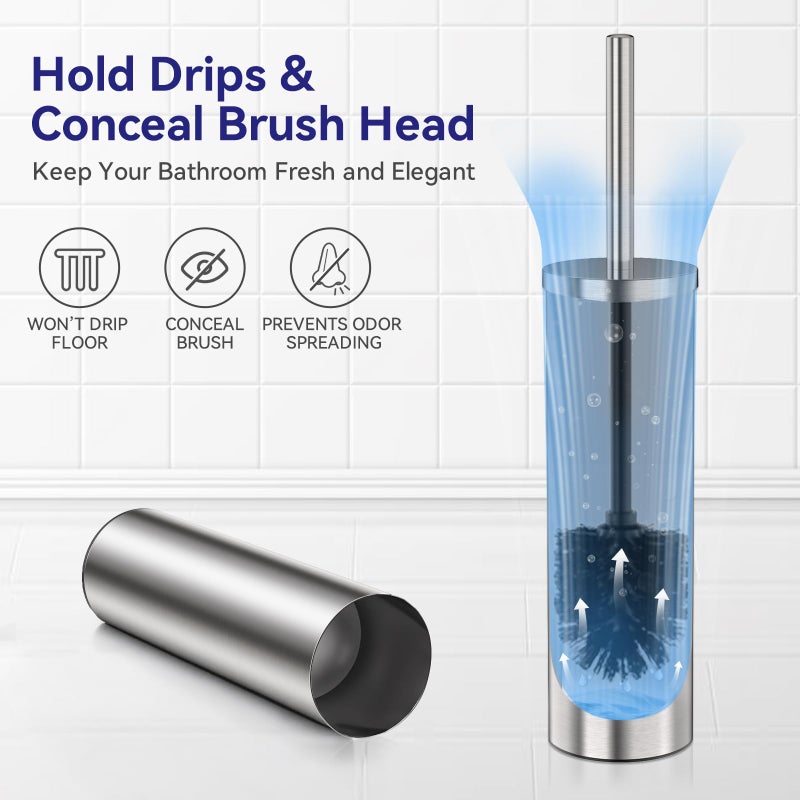 DOWRY Stainless Steel Freestanding Toilet Bowl Brush and Holder with Long Handle for Bathroom Storage Organization,Sturdy Deep Cleaning Toilet Bowl Cleaner,Nickel Round - Image 5