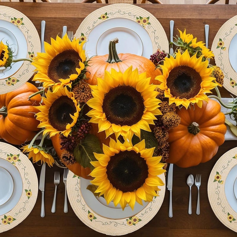 Whaline 4Pcs Round Sunflower Placemats Spring Summer Flower Embroidered Place Mats Floral Dinner Table Mats for Home Holiday Birthday Baby Shower Party Decor - Image 4