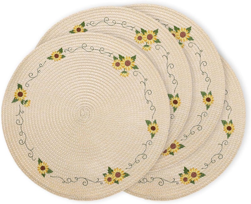 Whaline 4Pcs Round Sunflower Placemats Spring Summer Flower Embroidered Place Mats Floral Dinner Table Mats for Home Holiday Birthday Baby Shower Party Decor - Image 1