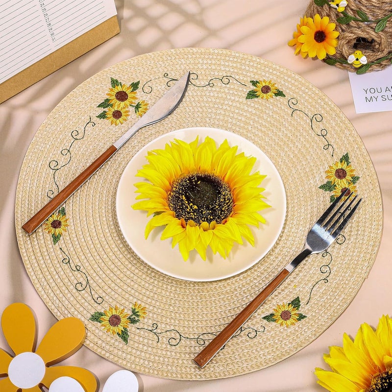 Whaline 4Pcs Round Sunflower Placemats Spring Summer Flower Embroidered Place Mats Floral Dinner Table Mats for Home Holiday Birthday Baby Shower Party Decor - Image 3