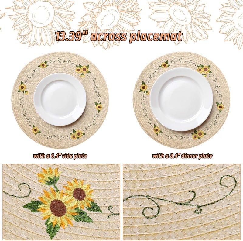 Whaline 4Pcs Round Sunflower Placemats Spring Summer Flower Embroidered Place Mats Floral Dinner Table Mats for Home Holiday Birthday Baby Shower Party Decor - Image 2