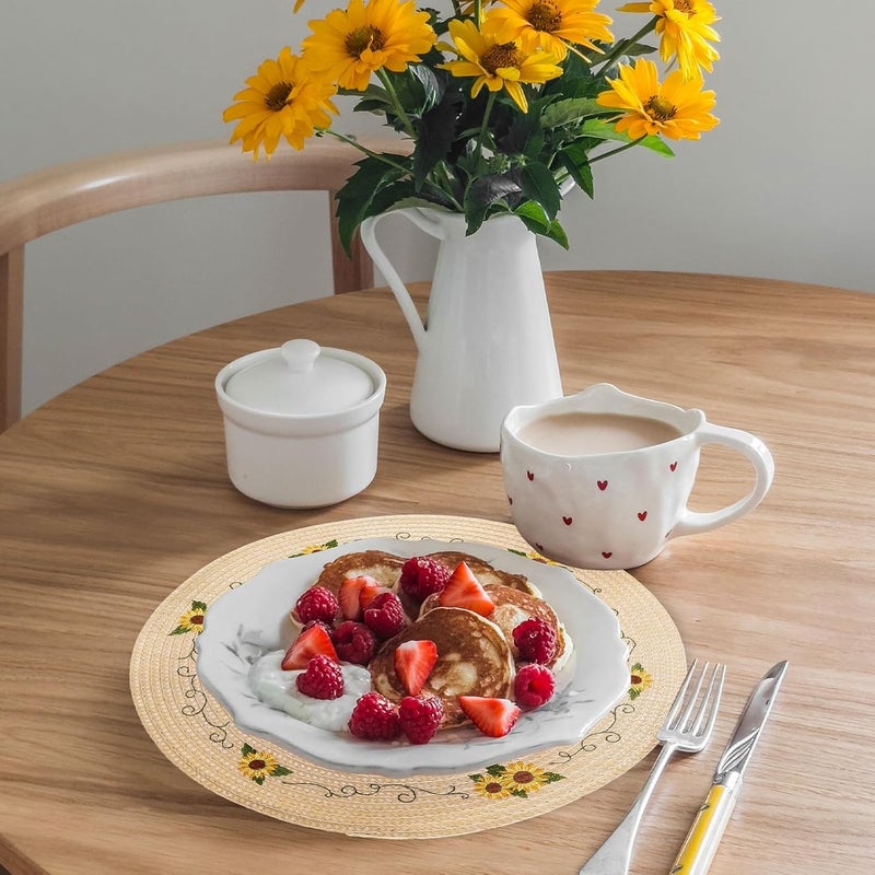 Whaline 4Pcs Round Sunflower Placemats Spring Summer Flower Embroidered Place Mats Floral Dinner Table Mats for Home Holiday Birthday Baby Shower Party Decor - Image 5