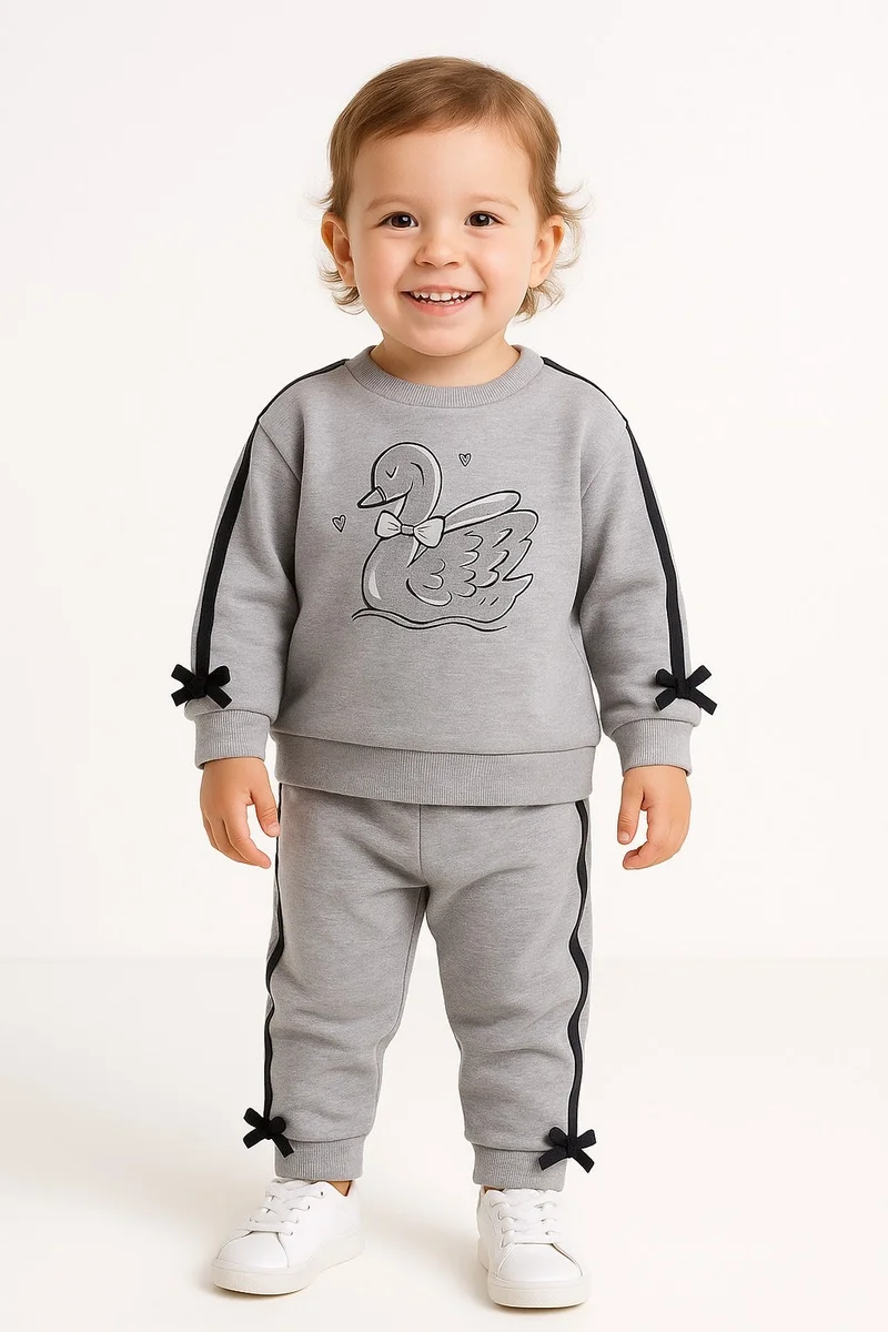 victor and jane Baby Girl Swan Embroidered Fleece Tracksuit – Grey 2-Piece Set