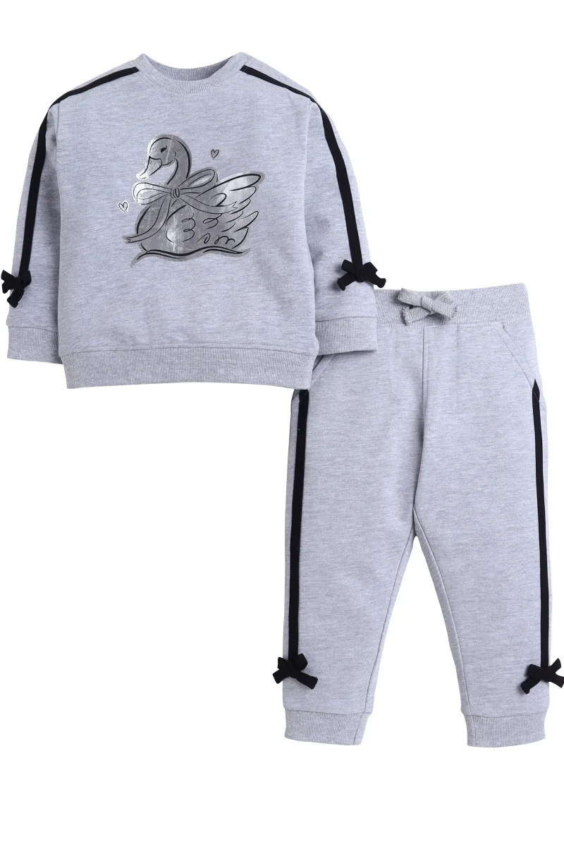 victor and jane Baby Girl Swan Embroidered Fleece Tracksuit – Grey 2-Piece Set