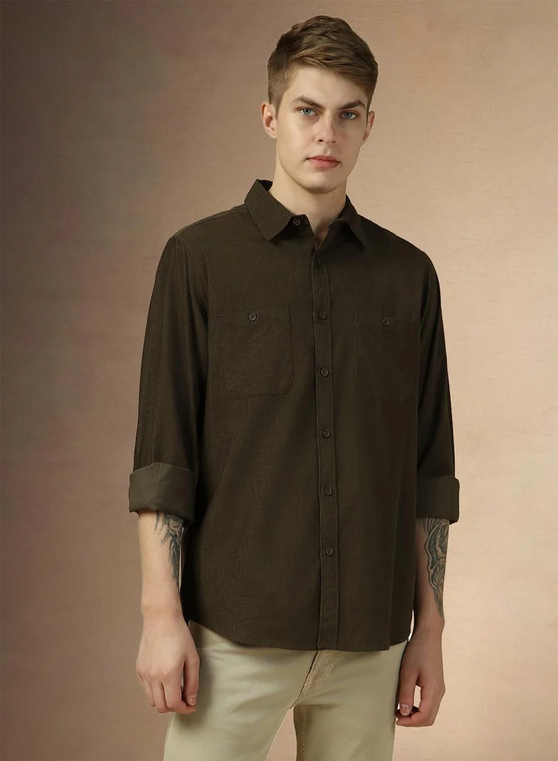 Dennis Lingo Men's Olive 100% Cotton Solid Button Down Relaxed Fit Shirt