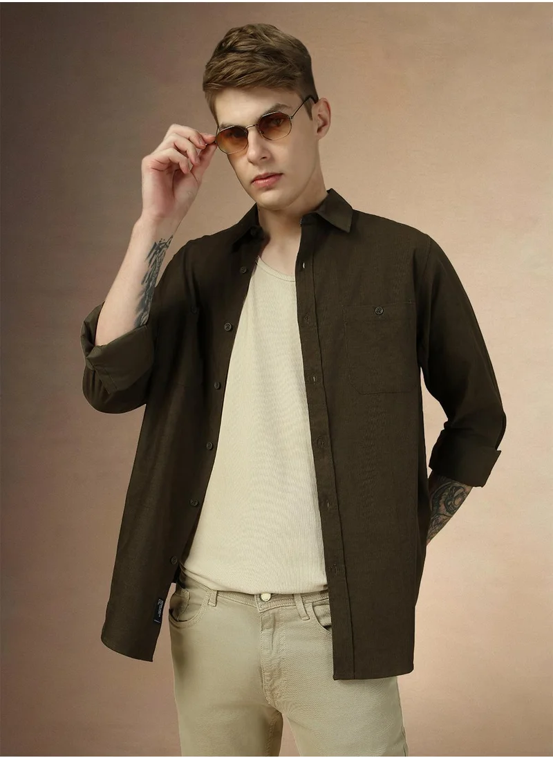دينيس لينغو Men's Olive 100% Cotton Solid Button Down Relaxed Fit Shirt