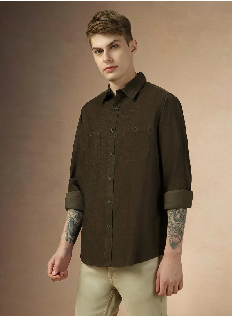 دينيس لينغو Men's Olive 100% Cotton Solid Button Down Relaxed Fit Shirt