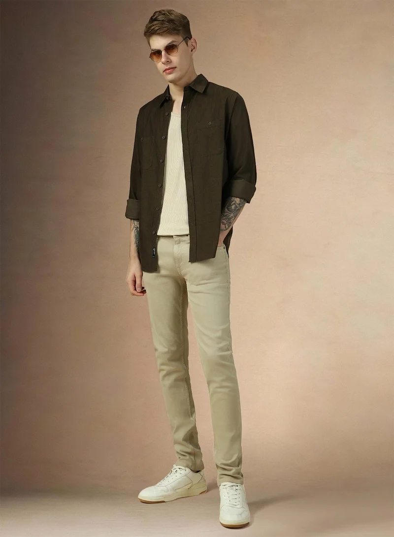 Dennis Lingo Men's Olive 100% Cotton Solid Button Down Relaxed Fit Shirt