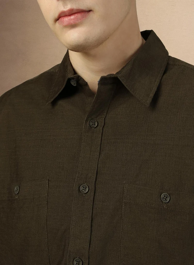 Dennis Lingo Men's Olive 100% Cotton Solid Button Down Relaxed Fit Shirt