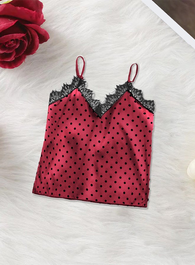MARGOUN Women Small Size 2 Piece Lingerie Lace V Neck Tops and Short Set Sleepwear Lingerie Homewear Spotted Print Camisole Satin Set Red /S Under Bust:62-80cm Waist:64-80cm Hip:80-100CM  - Image 3