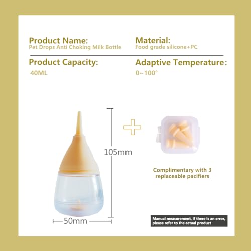 LogFaadCoi Kitten Bottles for Nursing,Puppy Bottles for Nursing Puppy Milk, Anti-Choking Puppy Feeder Design,with 3pcs Replaceable and Reusable Silicone Nipples for Feeding Newborn Pets (Yellow, 40ml+3pcs) - Image 2