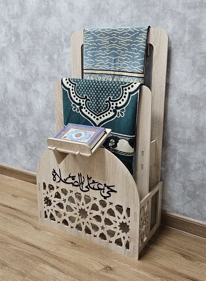 Eworld Elegant Cream 2-in-1 Prayer Mat Stand with Built-In Quran Holder | Islamic Design with Arabic Calligraphy | Water & Fireproof | Space-Saving - Image 5