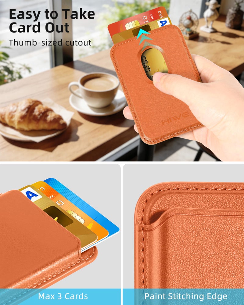 HiWe for MagSafe Wallet, Strongest Magnetic Wallet for iPhone 17/16/15/14/13/12/Pixel 10 Series, 3 Cards Holder, Magnetic Phone Wallets, Vegan Leather Minimalist Slim RFID for iPhone Wallets, 1Slot, Orange - Image 2
