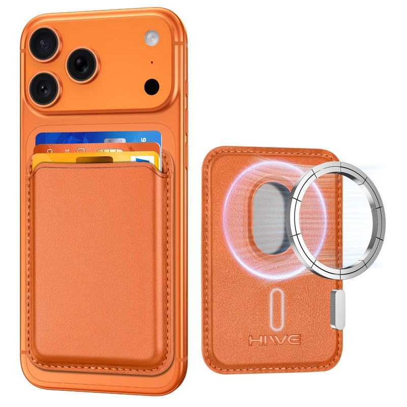 HiWe for MagSafe Wallet, Strongest Magnetic Wallet for iPhone 17/16/15/14/13/12/Pixel 10 Series, 3 Cards Holder, Magnetic Phone Wallets, Vegan Leather Minimalist Slim RFID for iPhone Wallets, 1Slot, Orange - Image 1